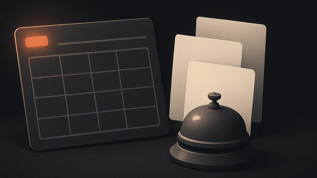 A restaurant shift scheduling app displaying an organized staff rota beside a service bell